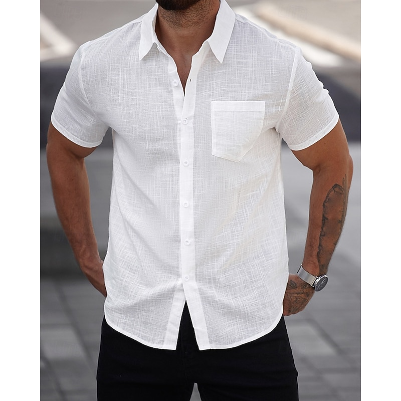 Men's Shirt Linen Shirt Casual Shirt Button Up Shirt Cotton Shirt Plain Vacation Street White Short Sleeve Turndown Summer Clothing Apparel Pocket2