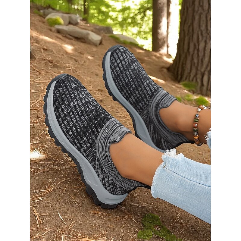 Women's Black Flyknit Trail Running Sneakers – Slip-On Hiking Shoes with Cushioned Grip Sole for Outdoor Adventure and Forest Walks2