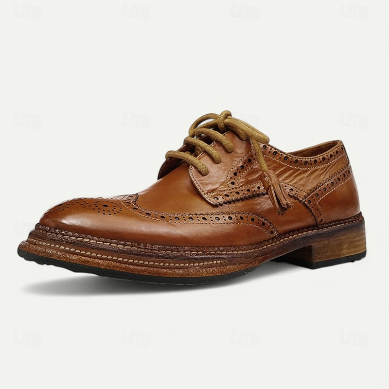 Men's Tan Leather Wingtip Brogue Shoes with Goodyear Welt and Lace-Up Design - Elegant and Comfortable Formal Shoes for Professional and Social Events4