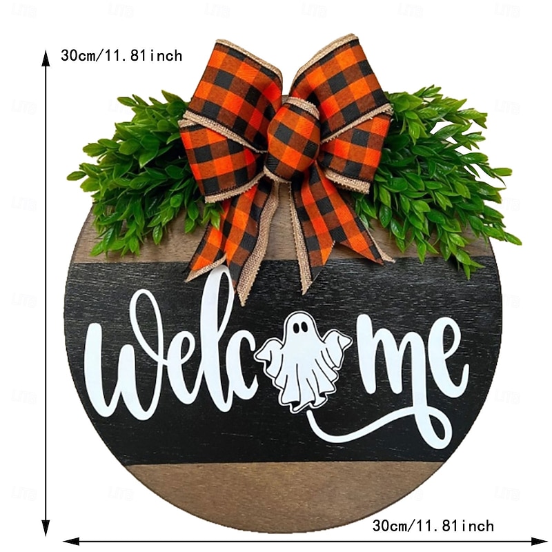 Halloween Wooden Welcome Sign for Front Door Hanging Spooky Ghost, White Ghost Wall Decor Plaque, Rustic Wooden Halloween Door Sign for Home Party Decoration2