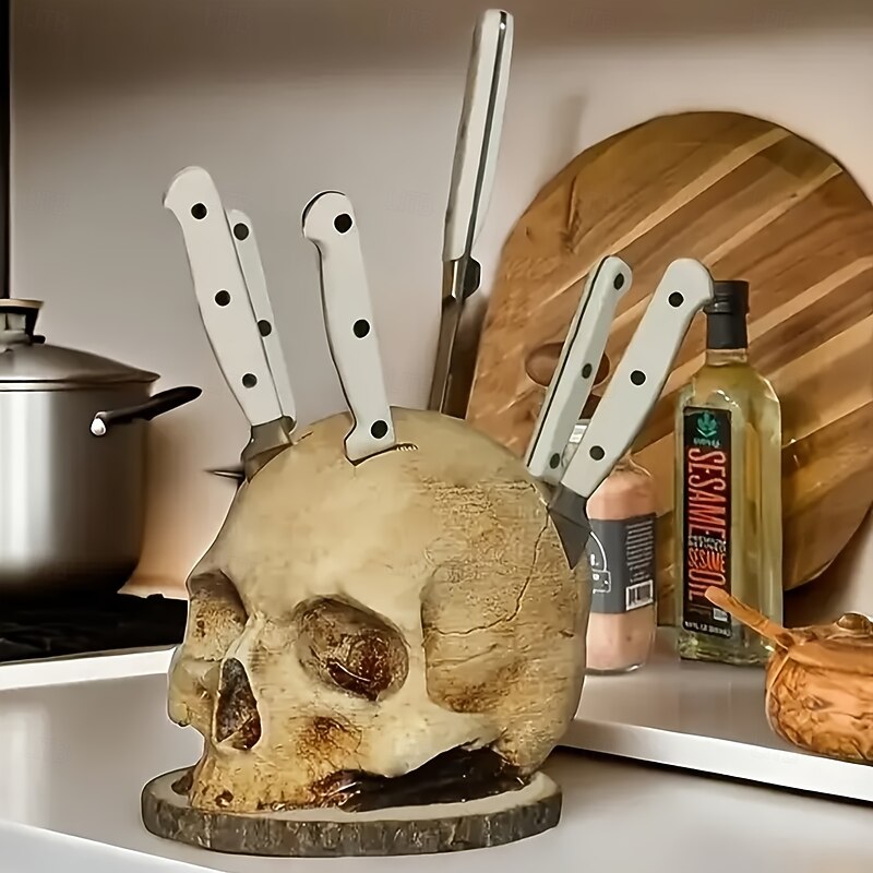 Skull Knife Holder for Kitchen Storage Skull Knife Holder Kitchen Decoration Horror Kitchen Storage Head Rack Kitchen Storage Rack Decoration Horror Party Storage Rack Gray2