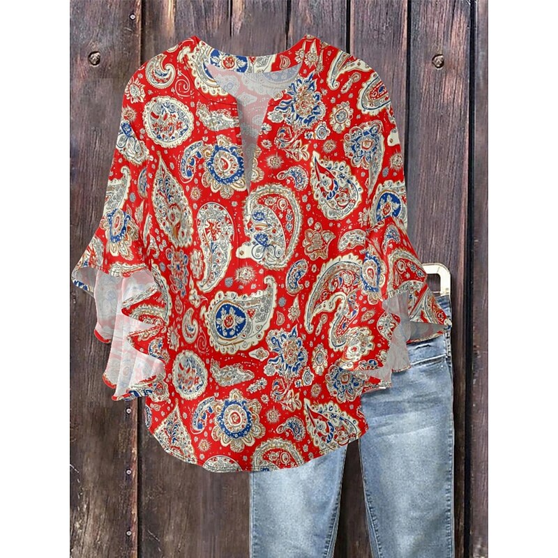 Women's Blouse Paisley Retro Vintage Ethnic 3/4 Length Sleeve V Neck Regular Tops Daily Holiday Ruffle Print Black Wine Red Navy Blue Blue Summer
