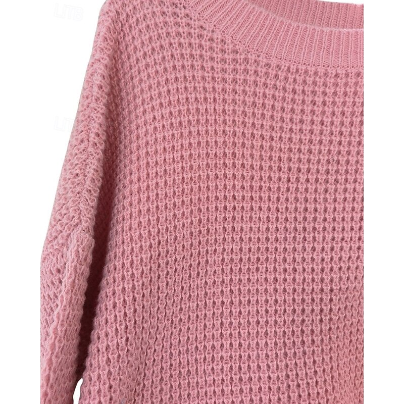 Women's Sweater Fashion Solid Color Ribbed Crew Neck Knitted Long Sleeve Regular Tops Knit Holiday Going out Weekend Pink Fall3