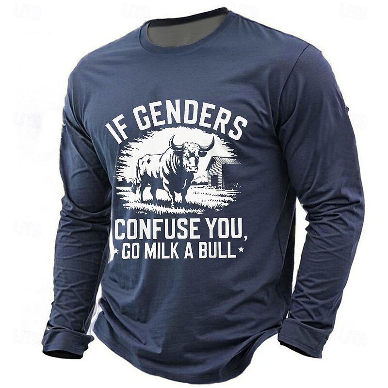 Men's Humorous Long Sleeve Graphic Tee with 'If Genders Confuse You, Go Milk A Bull' Idiomatic Wordplay Design2