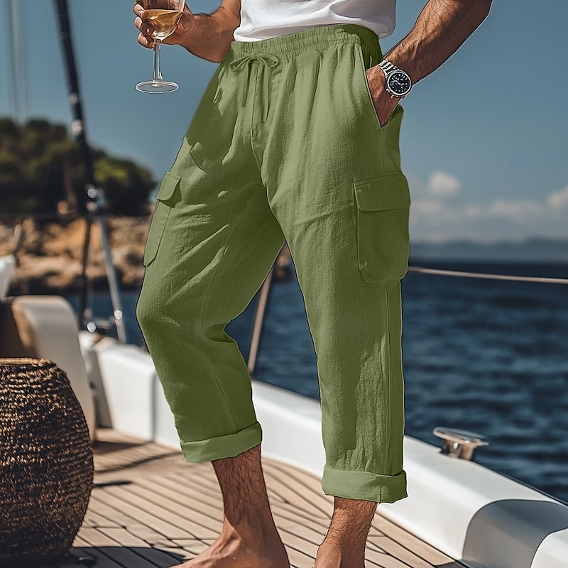 Men's Cargo Pants Linen Pants Trousers Shorts Summer Pants Elastic Waist Drawstring Straight Leg Plain Comfort Breathable Full Length Casual Daily Holiday Vacation Fashion Black White3