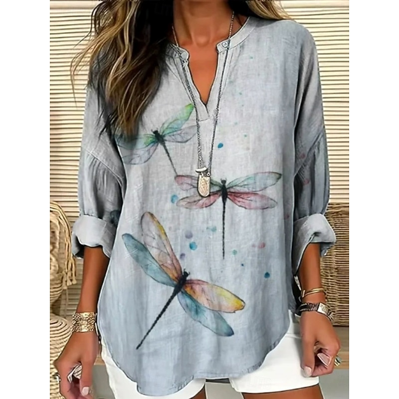 Women's Blouse Tunic V Neck Long Sleeve Boho Casual Tops Graphic Animal Dragonfly Bohemia Vintage Tropical Regular Tops Daily Wear Print Navy Blue Dusty Blue Light Grey Beige