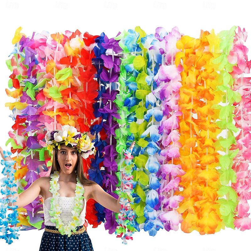 36/50pcs Hawaiian Leis Bulk for Luau Party, Hawaiian  Decorations Silk Flower Necklace, Colorful Tropical Hawaiian Bulk Hula Dance Party Decor, Flower Leis Summer Beach Pool Party Decorations