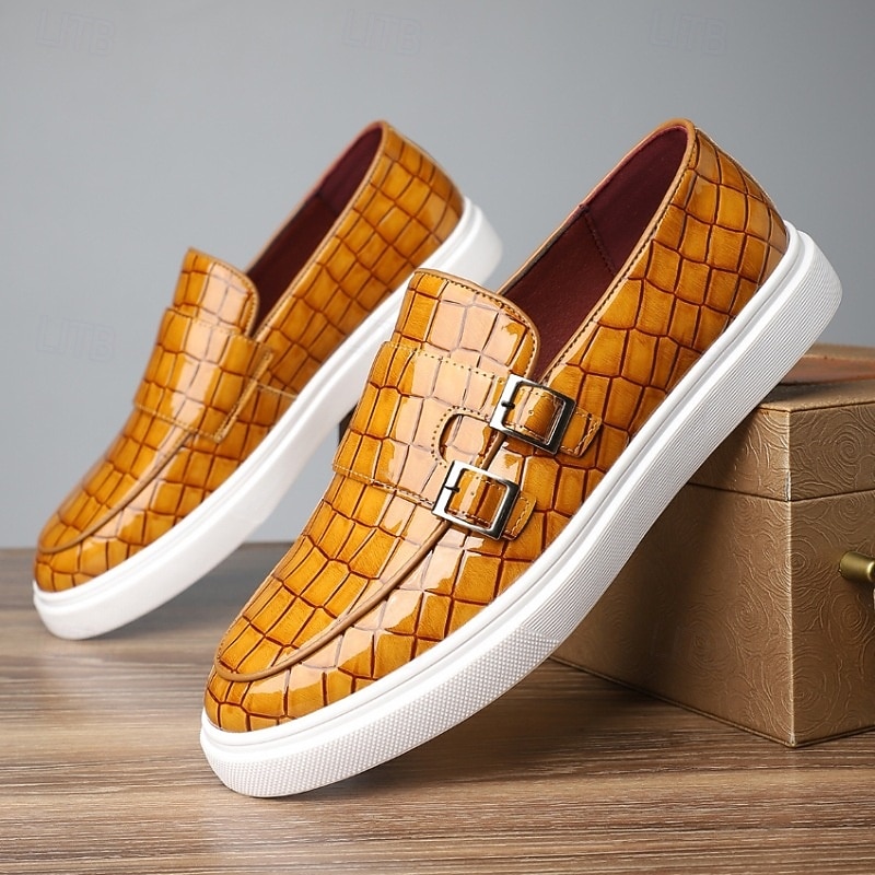 Men's Yellow Woven Faux Leather Loafers with Double Buckle Straps, Slip-On Casual Shoes for Summer Outings, Travel and Daily Wear3