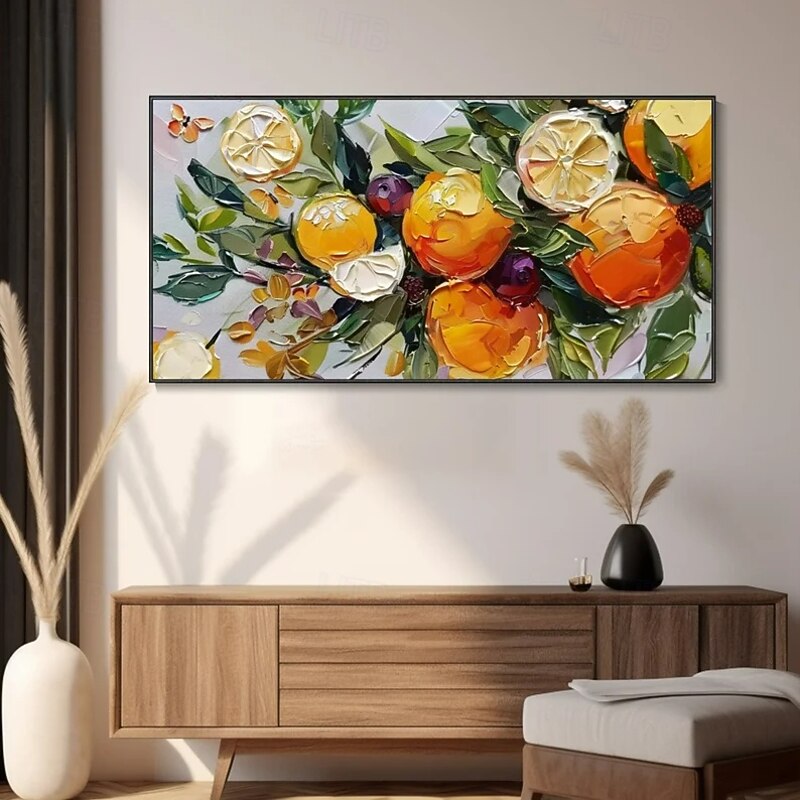 Vibrant Abstract Still Life Oil Painting Orange Tree with Lush Green Leaves and Fruits, Thick-Textured Hand Art for Modern Dining Room Decor4