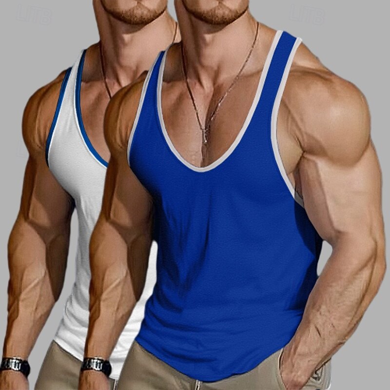Men's Tank Top Vest Undershirt Sleeveless Shirt Sleeveless Deep V Scoop Neck Summer Color Block Plain Fashion Sporty Classic 2 Pack Street Casual Sports Green & White Gray+White Black+Gray Top Tee2