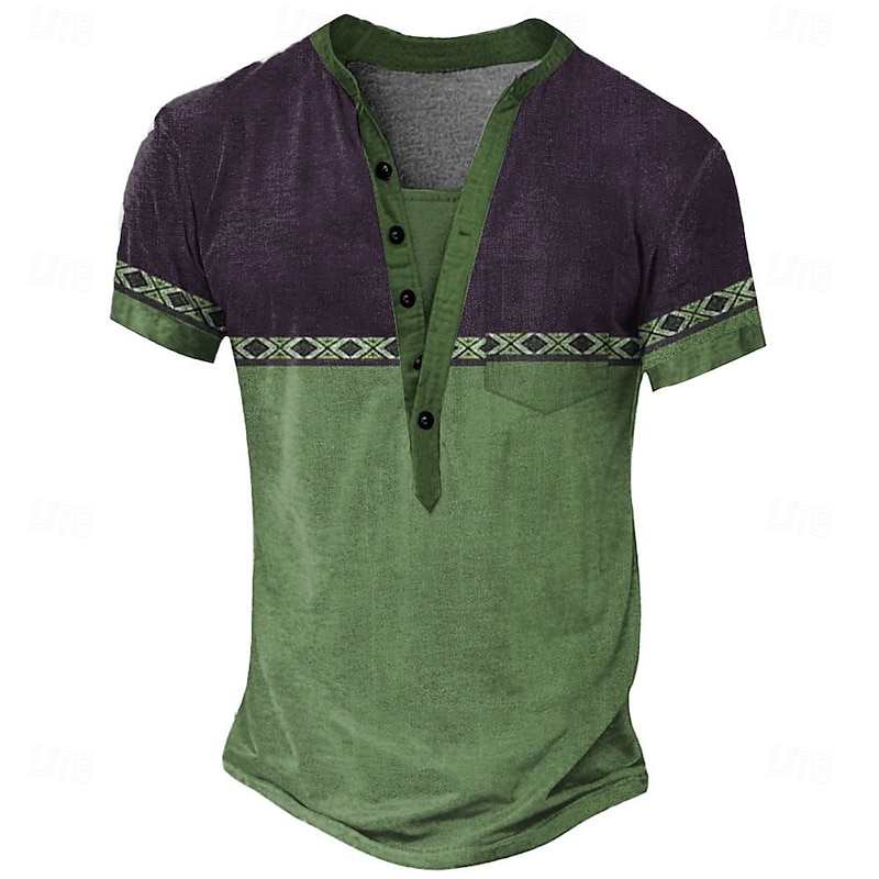 Men's Geometric Tribal Ethnic T Shirt Henley Shirt Tee Short Sleeve Vintage Designer Basic Outdoor Casual Daily Summer Light Green Navy Blue Khaki Henley Henley T-Shirt3