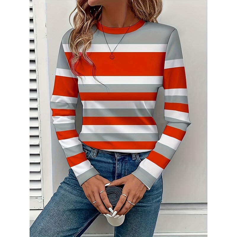 Women's T shirt Crew Neck Long Sleeve Tunic Graphic Geometric Striped Vintage Stylish Classic  Round Neck Regular Tops Daily Print Pink Red Fuchsia Fall