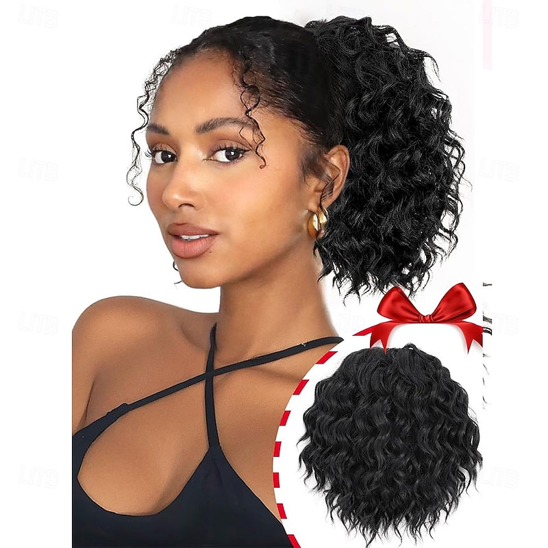 Ponytail Extension 8 Inch Short Wavy Curly Ponytails Drawstring Ponytail for Black Women Jet Black Pony Tails Hair Extensions Synthetic Hairpiece for Daily Use