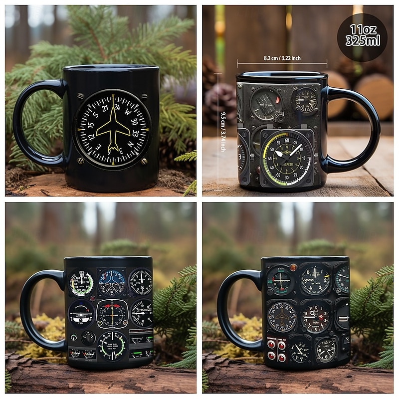 Spaceship Cockpit Instrument Panel Mug, 330ml/12oz Black Ceramic Coffee Cup, Creative Aerospace Pilot Gift Mug for Flight Enthusiast, Engineer, Office Desk Decor
