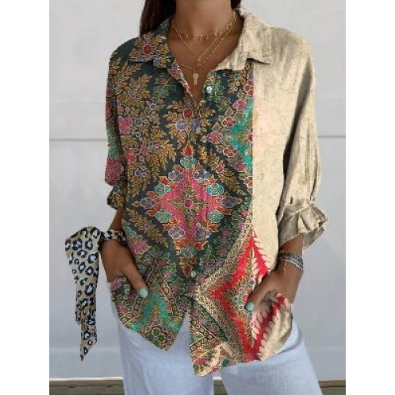 Women's Blouse Floral Retro Vintage Ethnic Long Sleeve Shirt Collar Regular Tops Daily Holiday Buttons Print Blue Khaki Summer3