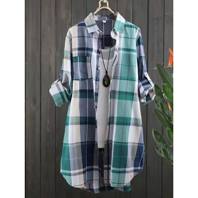 Women's Shirt Button Down Blouse Plaid Tropical Stylish Casual Long Sleeve Shirt Button Down Blouse Collar Long Tops Daily Pocket Buttons Print Yellow Green Khaki Spring Fall
