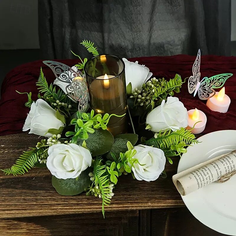 Artificial Rose Candle Ring Wreath, Floral Candlestick Decoration for Wedding, Table Centerpiece, Festival or European-Style Home Decor2