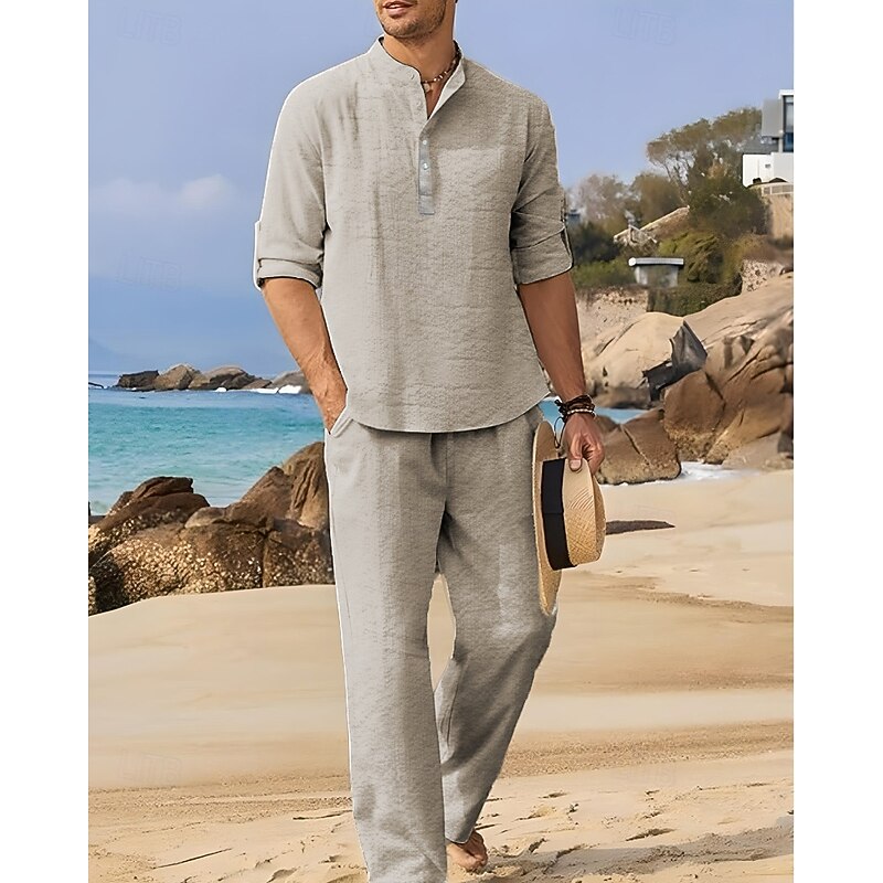 Men's T-shirt Suits Shirt and Pant Sets 2 Pieces Outfits Full Body Henley Spring & Summer Plain Fashion Casual 2 Piece Vacation Daily Wear Going out Black White Blue Top Tee for Men3