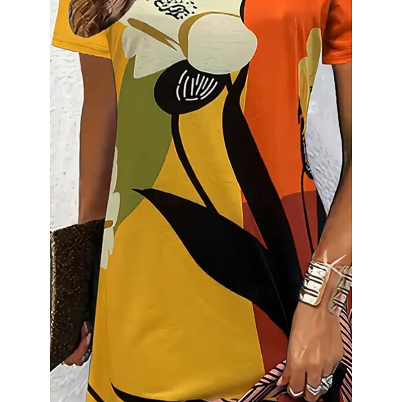 Women's Mini Dress T Shirt Dress Tee Dress Sundress Summer Dress Vacation Casual Beach Daily Going out Regular Fit Floral Graphic Geometric Short Sleeve V Neck Yellow Blue Purple Orange Summer3