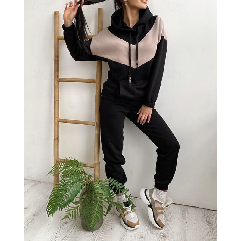 Women's Tracksuit Sweatpants Lace Pocket Color Block Clothing Suit Fall Black Pink Spandex Gym Athleisure Running Thermal Warm Windproof Long Sleeve Sport Activewear Stretchy Regular Fit - Main Image