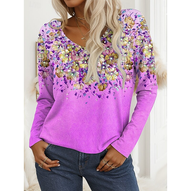 Women's T shirt Long Sleeve V Neck Long Sleeve Tunic Floral Graphic Plants Vintage Stylish Casual Regular Tops Daily Print Yellow Blue Purple Green Spring Fall Prefall3