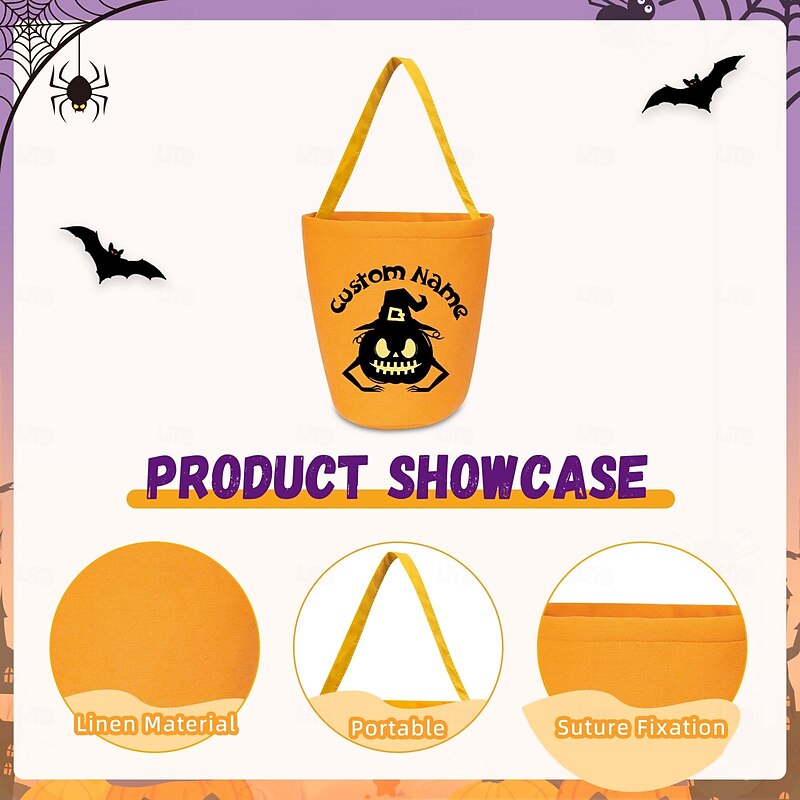 Personalized Name Halloween Treat Bag for Kids Trick or Treat Custom Candy Tote Bag Basket Gift Bag, Reusable Pumpkin Ghost Party Favor for Toddlers4