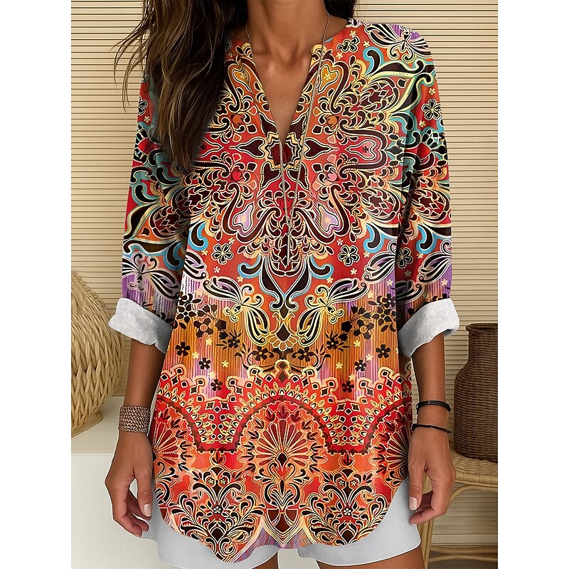 Women's Blouse Tunic V Neck Long Sleeve Boho Casual Tops Graphic Paisley Vintage Tropical Regular Tops Daily Wear Print Red Blue Purple Green