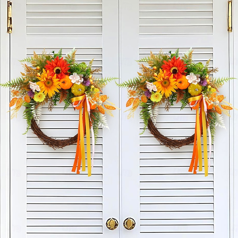 Fall Wreath for Front Door Thanksgiving Autumn Farmhouse Indoor Outdoor Decoration, Artificial Sunflower Pumpkin Twig Vine Wreath with Greenery, Rustic Harvest Wall Hanging Door Decor2