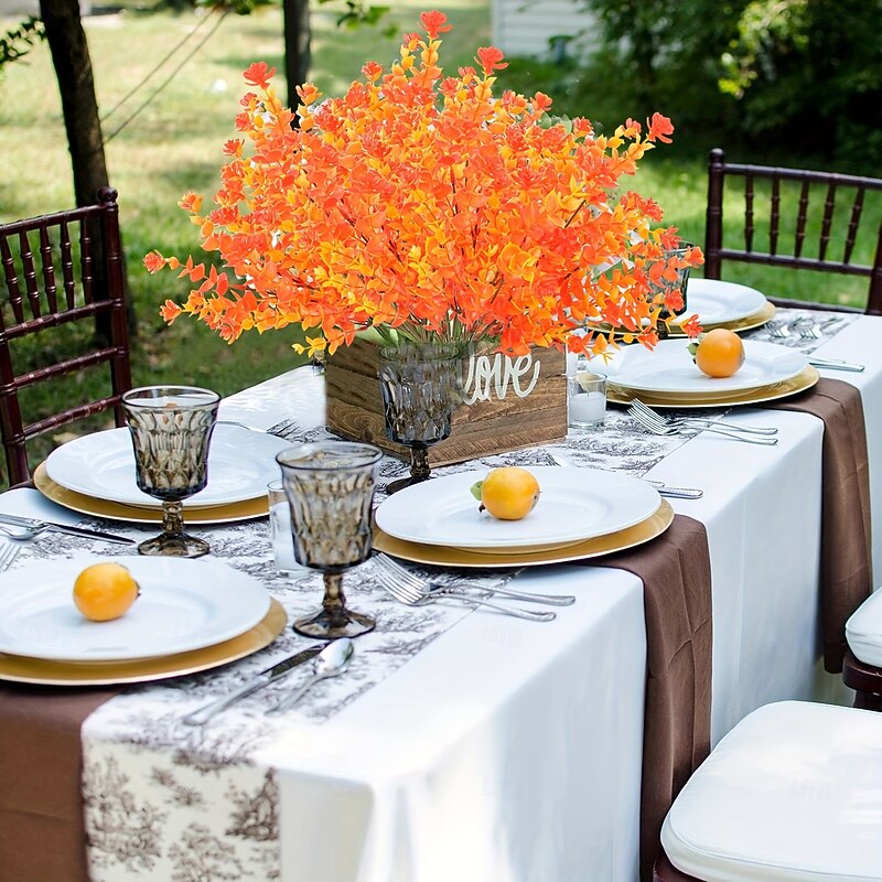 5pcs Fall Artificial Greenery Stems, Sunset Red Eucalyptus Bouquets with Coin Leaves, 7-Branch Plastic Plants for Autumn Thanksgiving Home and Outdoor Decor3