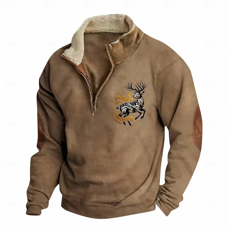 Men's Sweatshirt Quarter Zip Sweatshirt Black Brown Gray Half Zip Color Block Reindeer Half Zip Print Sports & Outdoor Daily Holiday Polyester Vintage Streetwear Casual Fall & Winter Clothing Apparel