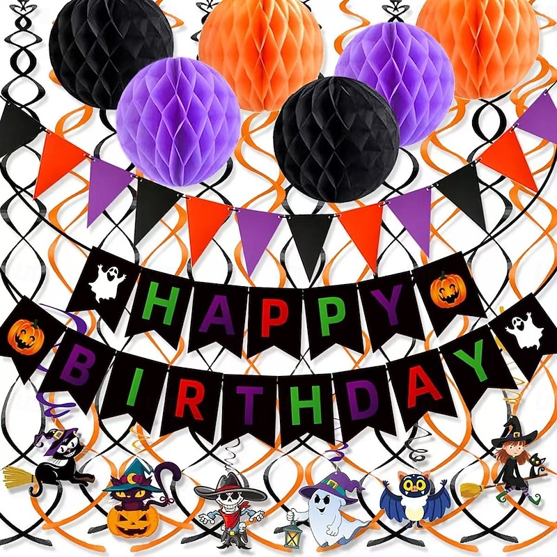 Halloween Party Decoration Kit, Birthday and Family School Hanging Banners, Triangle Flags and Honeycomb Balls for Festive Home and Classroom Decor2