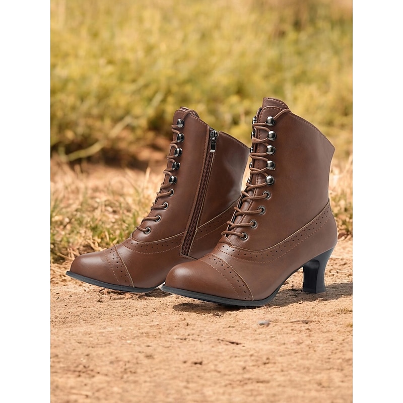 Women's Victorian Brown Lace-Up Mid-Heel Boots with Zipper - Perfect for Everyday Wear and Vintage-Themed Events