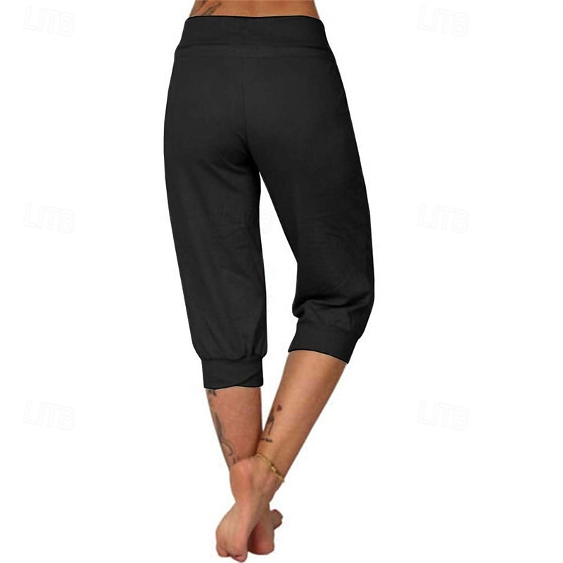 Women's Capri Pants Sunday Shorts Streetwear Casual Calf-Length Mid Waist Plain Elastic Waist Drawstring Breathability Soft Micro-elastic Vacation Street Daily Wear Black Pink Navy Blue Green Summer4
