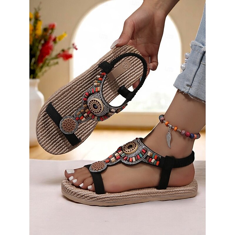 Women's Bohemian Beaded Thong Sandals with Ethnic Embroidery – Comfortable Flat Summer Shoes for Beach, Travel, and Casual Outings - Main Image
