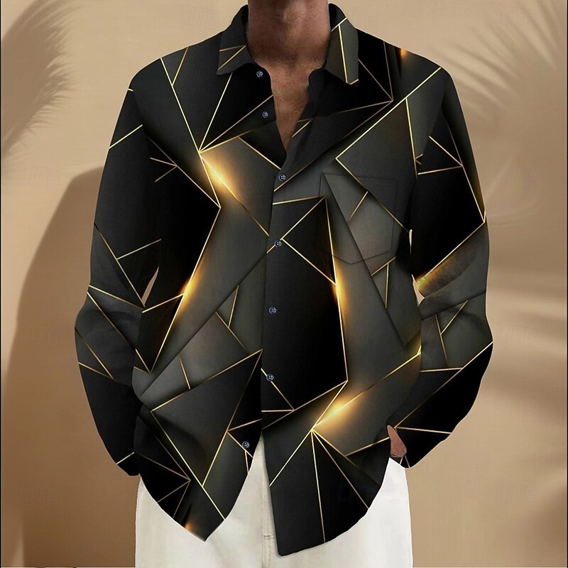 Men's Geometric Color Block Optical Illusion Shirt Button Up Shirt Long Sleeve Fashion Casual Vacation Daily Streetwear Spring Fall Turndown 3D Print Collared Shirts Front One Pocket Black