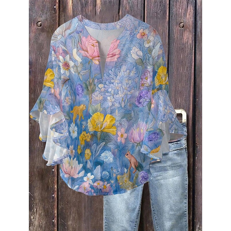 Women's Blouse Floral Stylish Modern 3/4 Length Sleeve V Neck Regular Tops Daily Holiday Ruffle Print Blue Lavender Purple Green Summer3