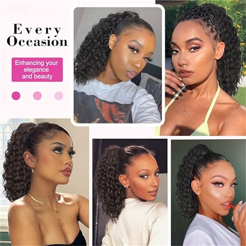 Black Ponytail Extension 14 Inch Curly Drawstring Ponytail for Women Clip in Fake Ponytail Synthetic Curly Pony Tails Hair Extensions4