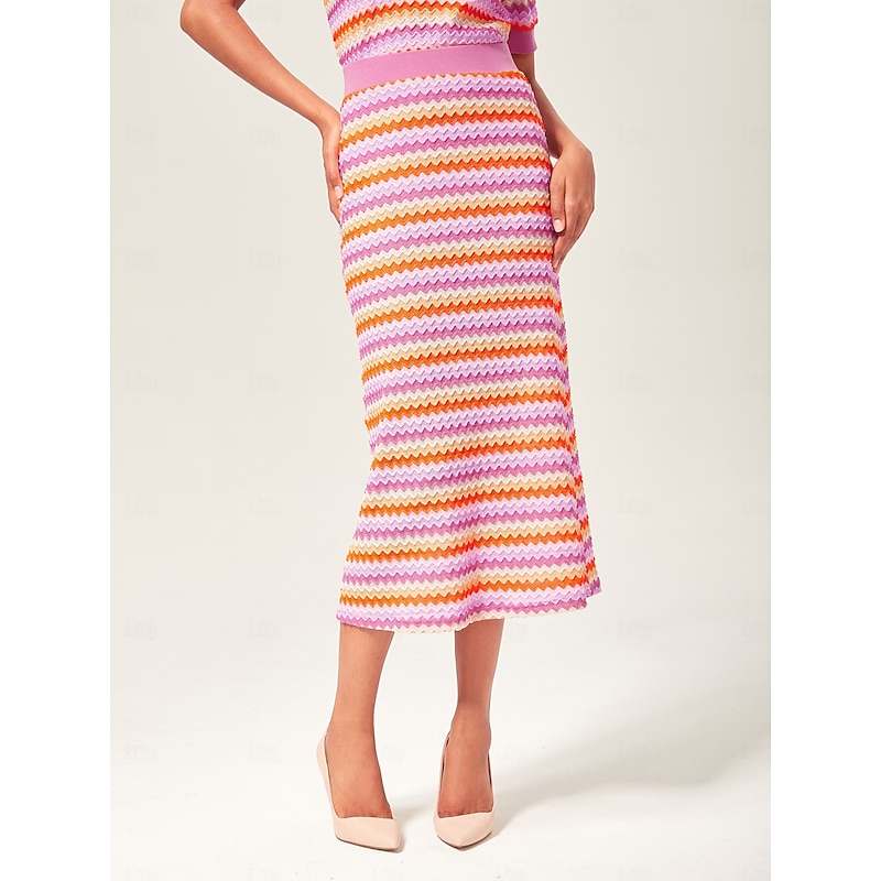 Orange Knitted Stretch Color Block Skirt