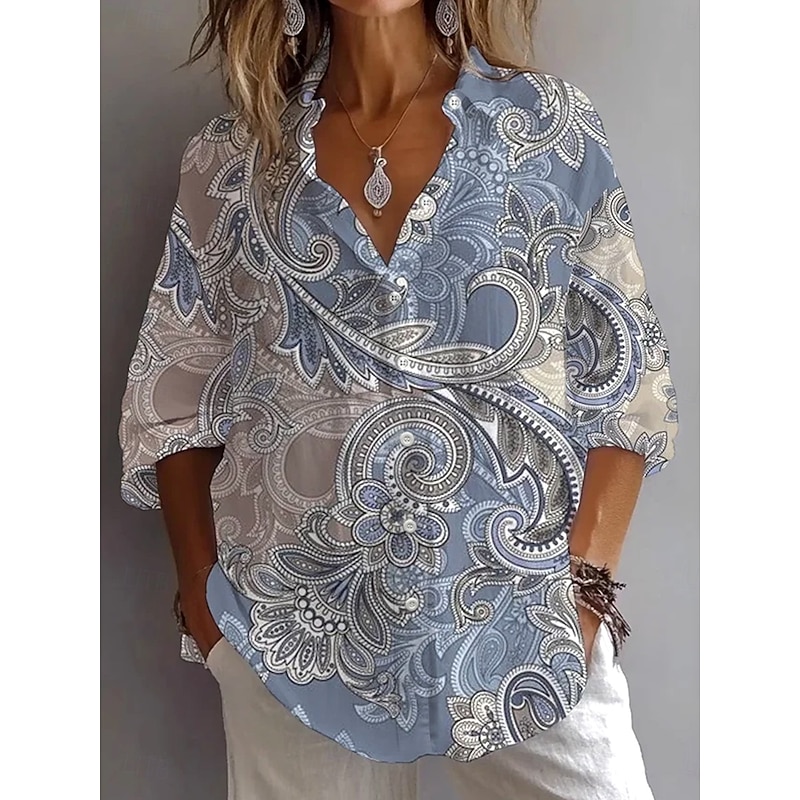 Women's Shirt Button Down Tunic Shirt Collar Long Sleeve Graphic Paisley Vintage Stylish Ethnic Regular Tops Daily Holiday Going out s Light Brown Dusty Blue Purple Spring