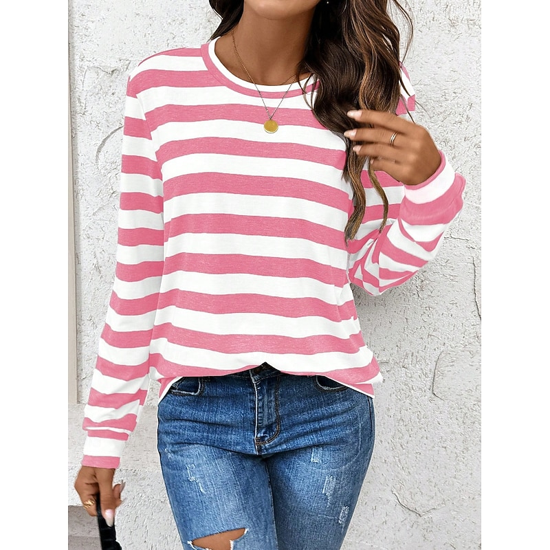 Women's Pullover Sweatshirt Graphic Striped Casual Long Sleeve Crew Neck Regular Tops Home Street Dailywear Print Pink Summer Spring Fall Winter