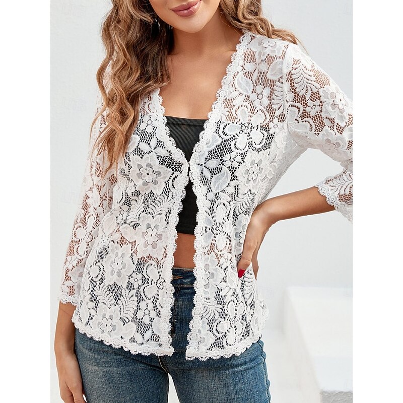 Women's Lace Shirt Solid Color Elegant Stylish Basic Long Sleeve V Neck Regular Tops Daily Lace Patchwork Black White Red Gray Summer Spring2