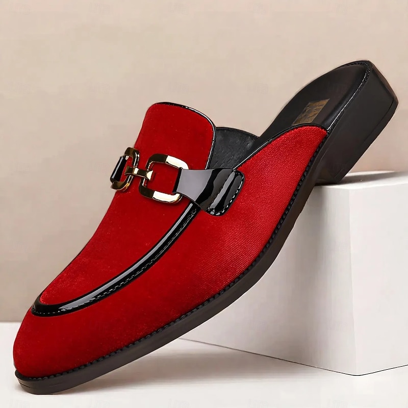Men's Red Slip-On Loafers with Decorative Buckle – Bold Velvet Finish, Comfortable and Stylish for Parties, Evenings and Smart Casual Looks