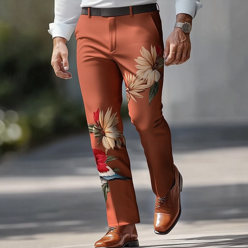 Men's Floral Print Flowers Dress Pants Trousers Suit Pants Mid Waist Casual Outdoor Vacation Regular Fit Flat-Front Straight Leg Pants with Pockets Summer Spring Fall 3D Print White Brown