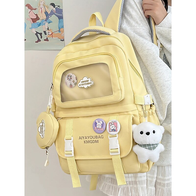 Girls Cute Macaroon Color Campus Backpack - Waterproof Large Capacity School Bag with Decorative Pins, Plush Bear Keychain and Multiple Pockets, Suitable for Teen Students and Daily Campus Use3