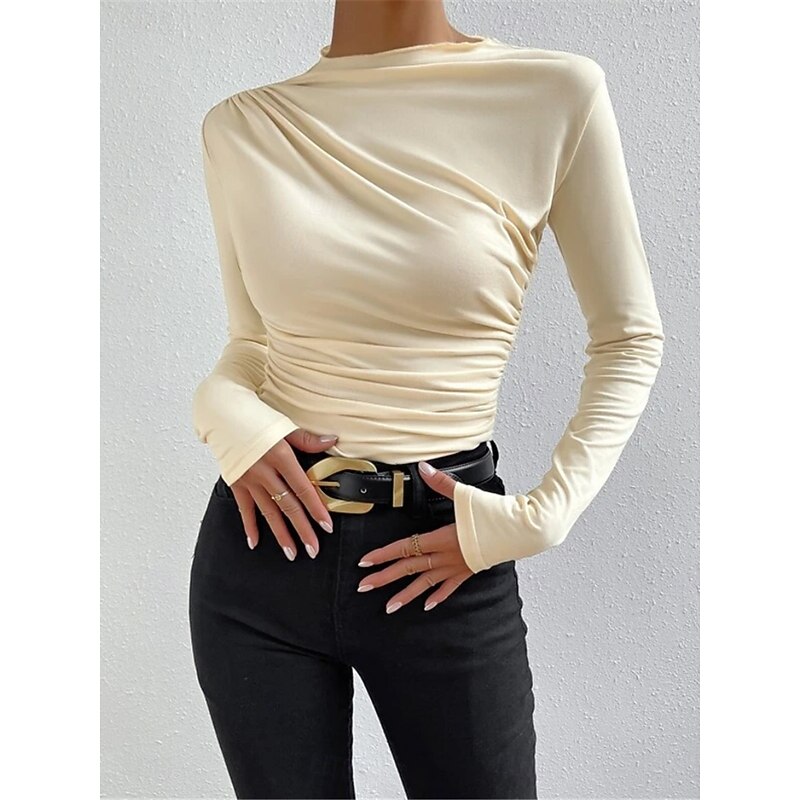 Women's Blouse Solid Color Elegant Stylish Basic Long Sleeve Crew Neck Regular Tops Daily Ruched Black White Brown Light Grey Apricot Summer Spring