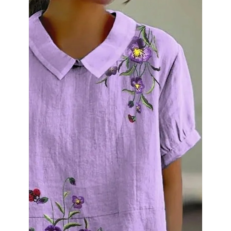 Women's Blouse Floral Graphic 3D Vintage Tropical Daily Short Sleeve Shirt Collar Peter Pan Collar Regular Tops Daily Holiday Going out Print Violet Summer Spring Fall2