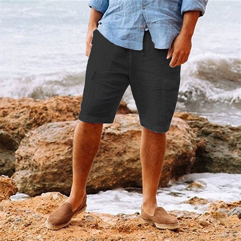 Men's Shorts Linen Shorts Summer Shorts Beach Shorts Pocket Drawstring Elastic Waist Plain Comfort Breathable Short Vacation Holiday Beach Hawaiian Boho Black Light Blue4