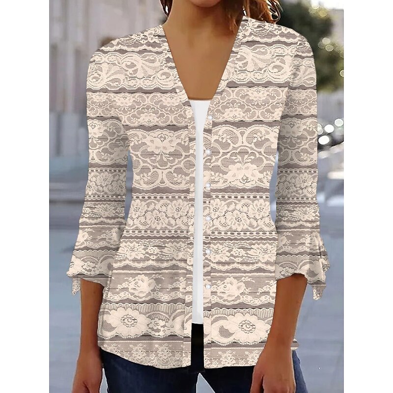 Women's T Shirt Graphic Striped Elegant Vintage Stylish 3/4 Length Sleeve V Neck Regular Tops Daily Print Navy Blue Beige Light Blue Summer2