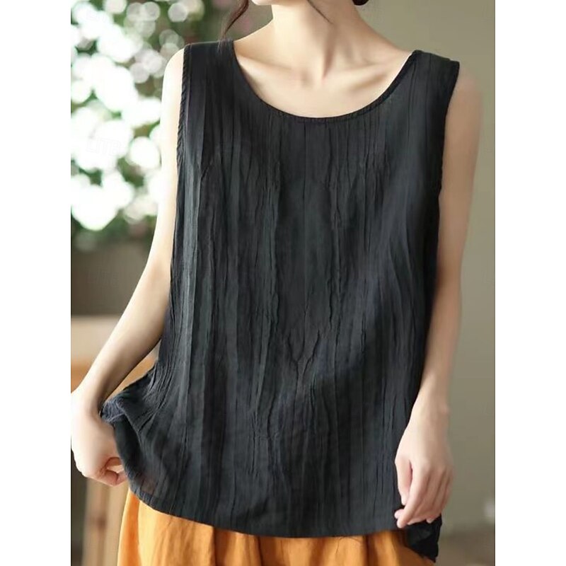 Women's Cotton Linen Shirts Camp Collar Shirt Solid Color Basic Casual Sleeveless V Neck Regular Tops Daily Black White Pink Green Gray Summer3
