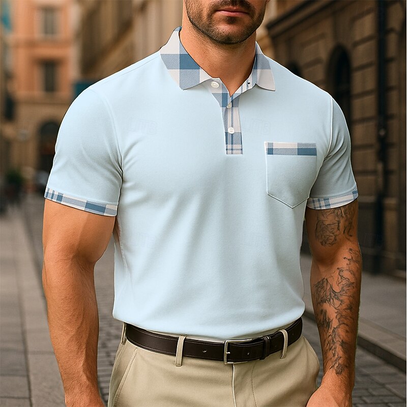Men's Tarten Polo Short Sleeve Turndown Business Casual Daily Business Athleisure Casual Daily Pocket Buttons Summer Buff White Navy Blue3